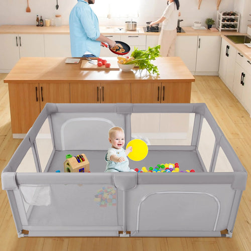 75" X 59" Large Baby Playpen with Breathable Mesh & Zipper Doors Play Yard Fence Gray