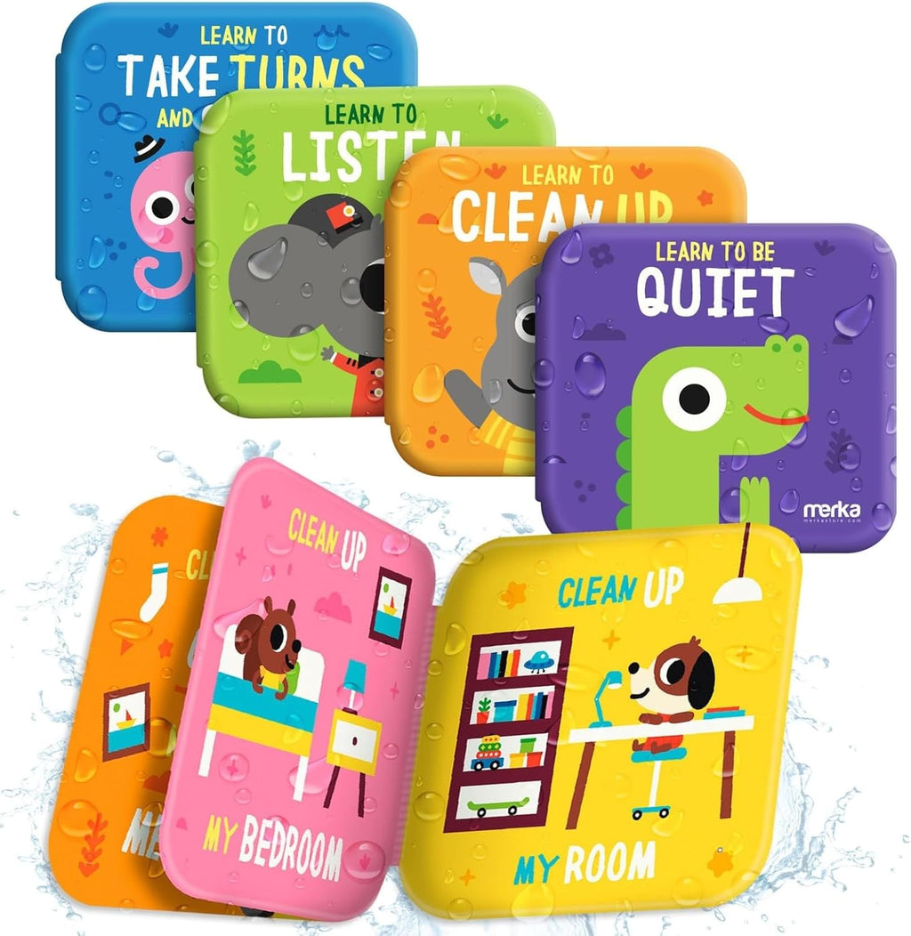 Baby Bath Books for Toddlers, 4 Pack Waterproof Bathtime Books, Bath Toys Floatable in Bathtub, Learn Take Turns, Clean Up, Listen, Quiet