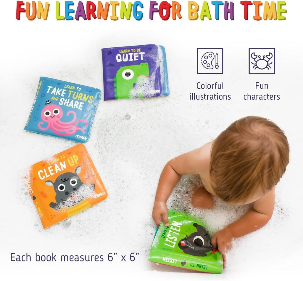 Baby Bath Books for Toddlers, 4 Pack Waterproof Bathtime Books, Bath Toys Floatable in Bathtub, Learn Take Turns, Clean Up, Listen, Quiet