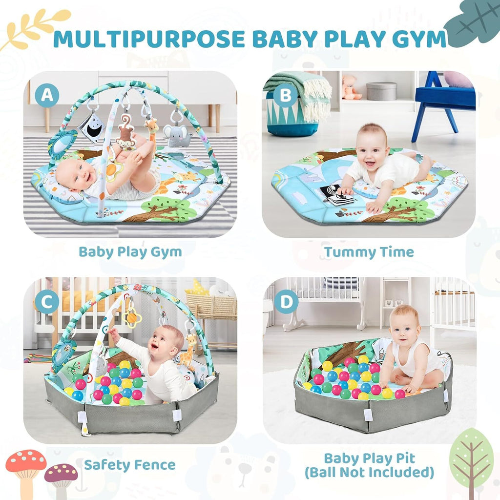 Baby Gym Play Mat, 8-In-1 Tummy Time Mat & Ball Pit with 6 Toys, Washable Baby