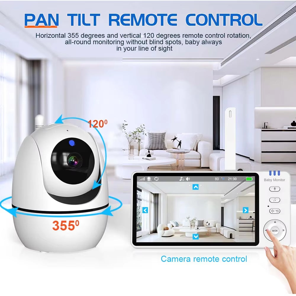 5 Inch Video Baby Monitor Indoor Two-Way Audio Mother Kids Surveillance 2.4G Mini PTZ Home Security Cam with Temperture Display