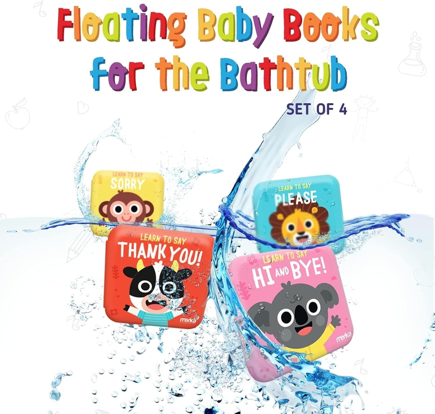 Baby Bath Books for Toddlers, 4 Pack Waterproof Bathtime Books, Bath Toys Floatable in Bathtub, Learn to Say Thank You, Sorry, Hi Bye, Please