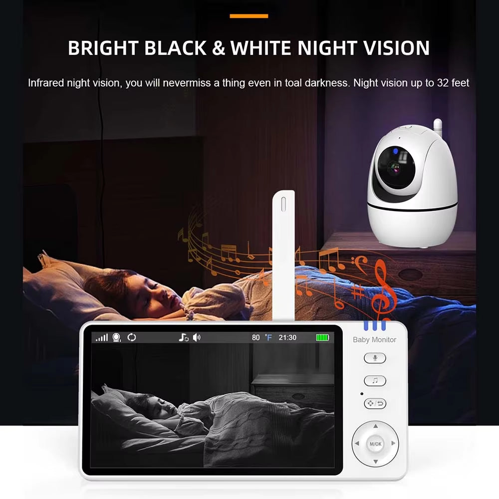 5 Inch Video Baby Monitor Indoor Two-Way Audio Mother Kids Surveillance 2.4G Mini PTZ Home Security Cam with Temperture Display