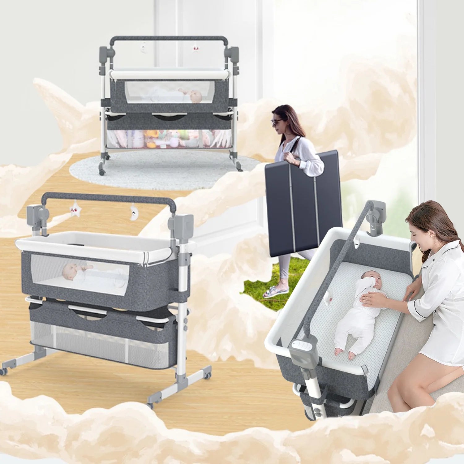 Baby Bassinet, Newborn Bedside Sleeper, Rocking Crib, Folding Portable  Infant Cradle
