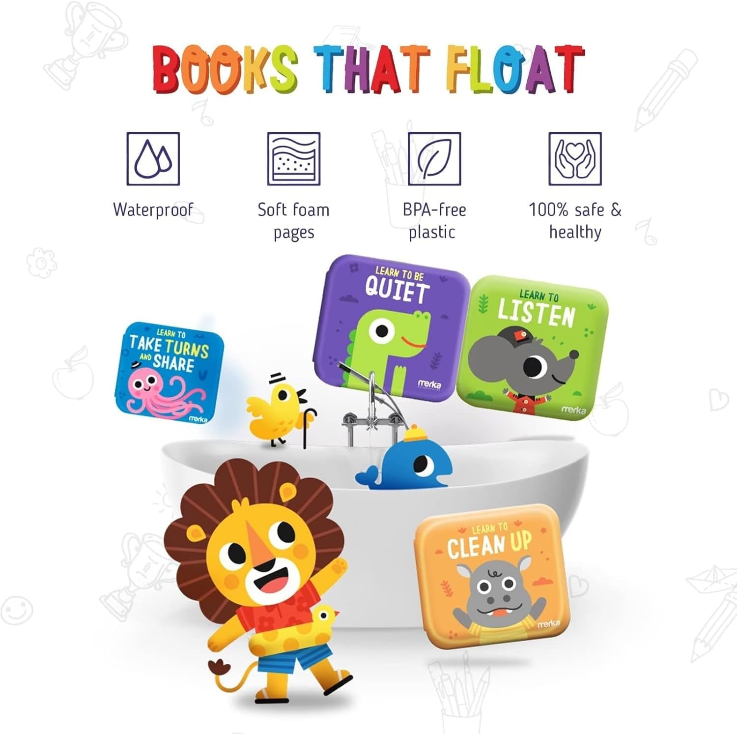 Baby Bath Books for Toddlers, 4 Pack Waterproof Bathtime Books, Bath Toys Floatable in Bathtub, Learn Take Turns, Clean Up, Listen, Quiet
